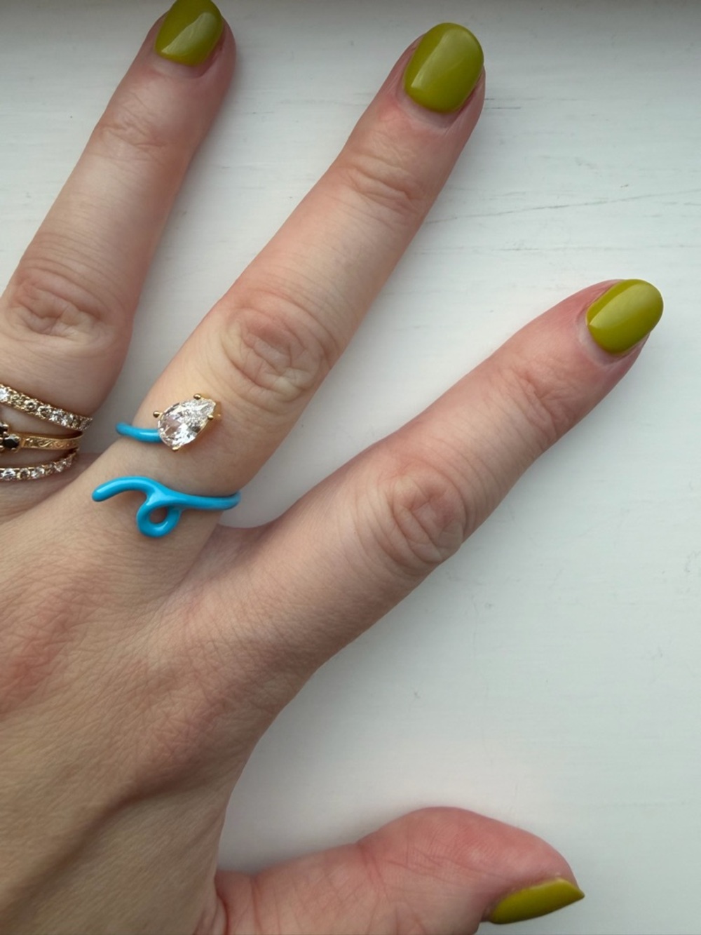 Adjustable Blue Enamel Open Snake Ring with White Teardrop Crystal/Gem